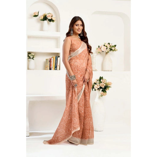 Generic Women's Linen Cotton Printed Ready To Wear Saree With Unstitched Blouse 5.5 Mtr (Peach)