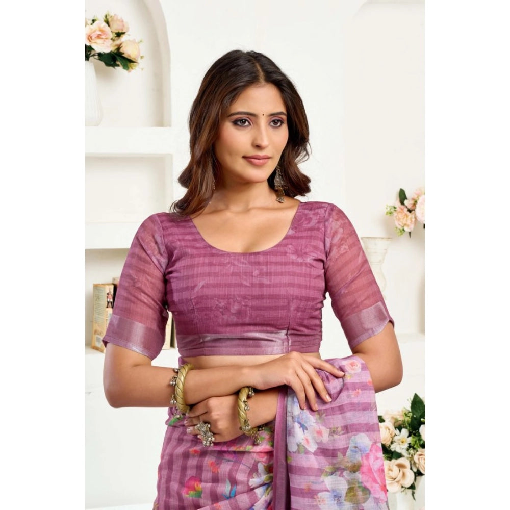 Generic Women's Linen Cotton Printed Ready To Wear Saree With Unstitched Blouse 5.5 Mtr (Light_Mauve)
