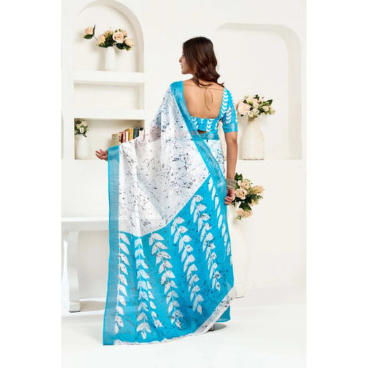 Generic Women's Linen Cotton Printed Ready To Wear Saree With Unstitched Blouse 5.5 Mtr (Sky_Blue)
