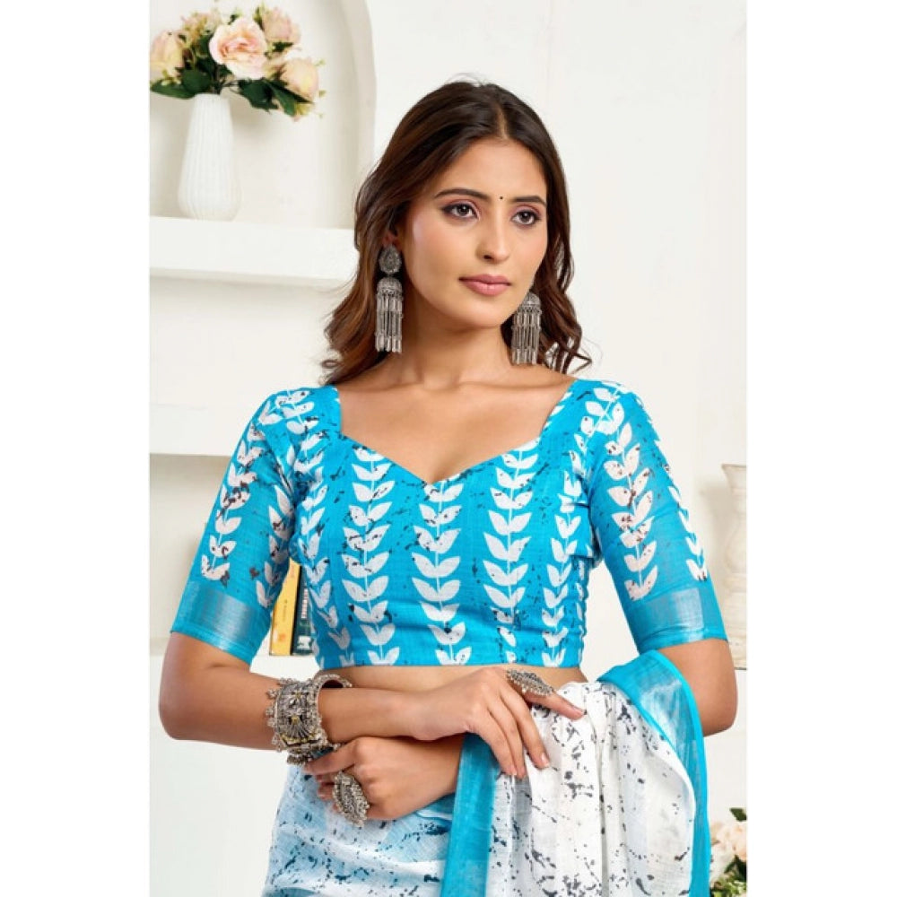 Generic Women's Linen Cotton Printed Ready To Wear Saree With Unstitched Blouse 5.5 Mtr (Sky_Blue)
