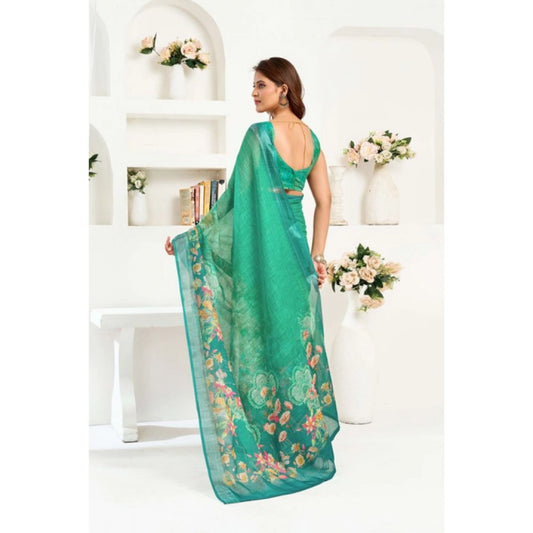 Generic Women's Linen Cotton Printed Ready To Wear Saree With Unstitched Blouse 5.5 Mtr (Green)