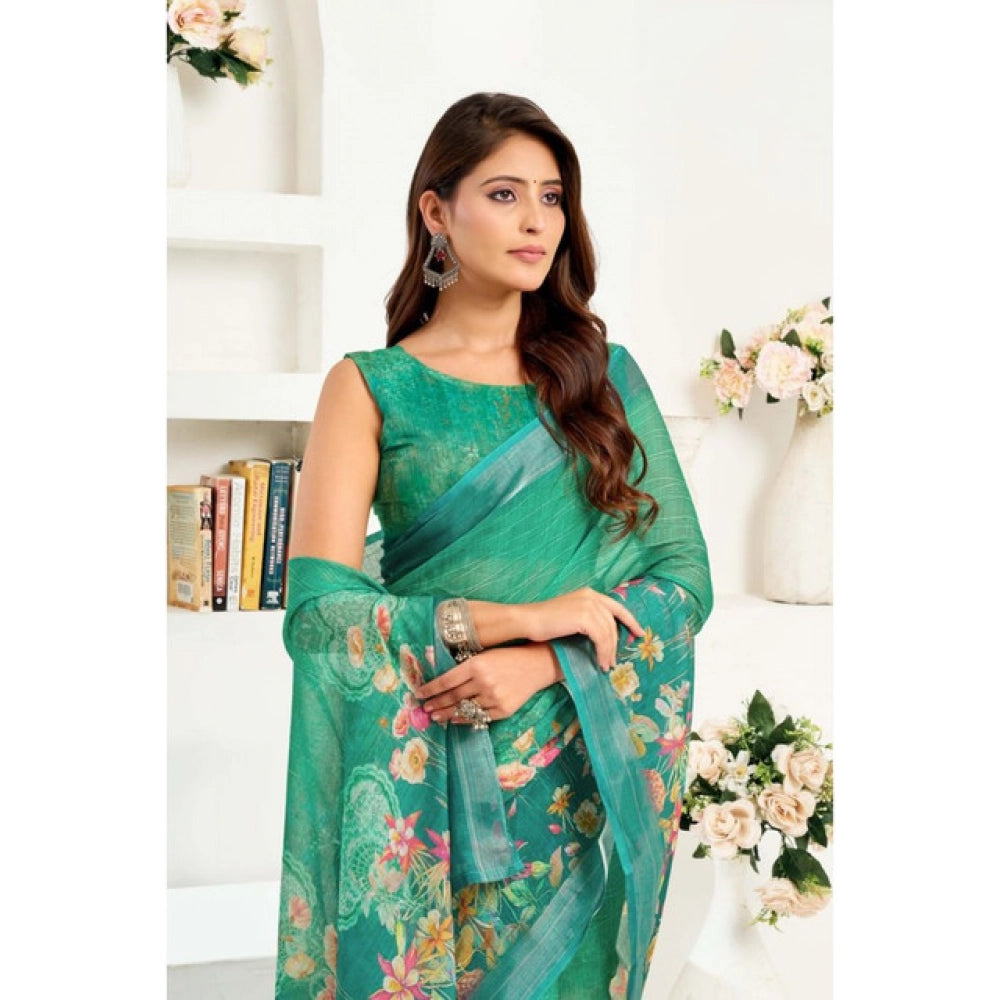 Generic Women's Linen Cotton Printed Ready To Wear Saree With Unstitched Blouse 5.5 Mtr (Green)