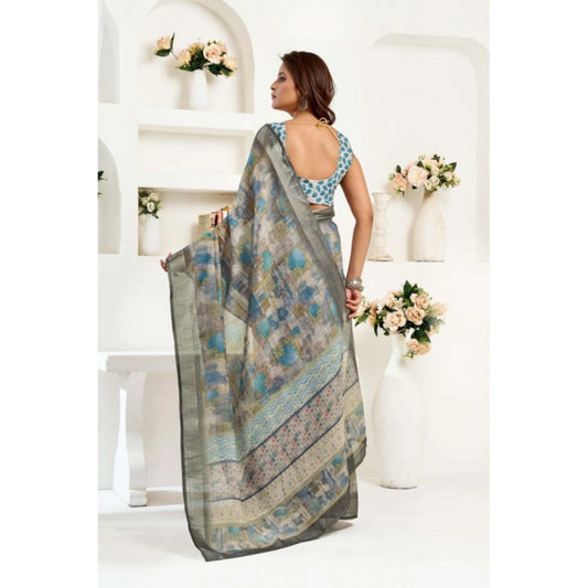 Generic Women's Linen Cotton Printed Ready To Wear Saree With Unstitched Blouse 5.5 Mtr (Grey)