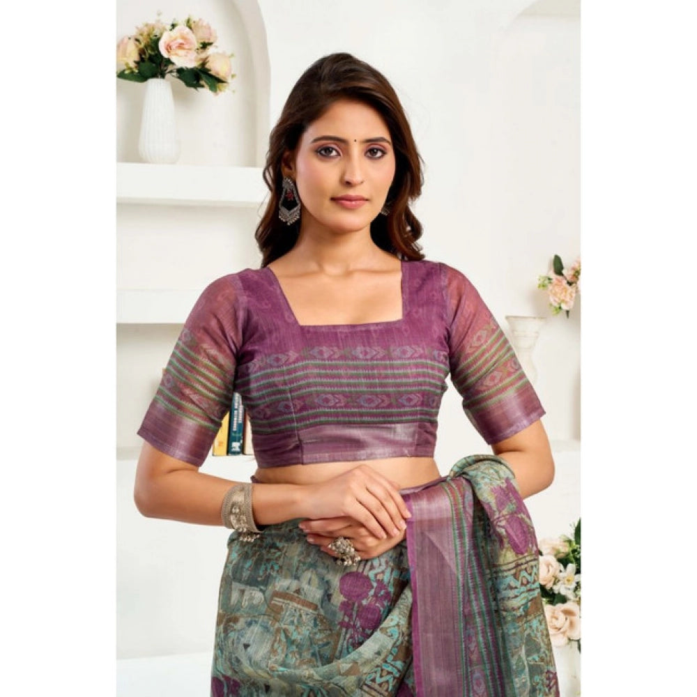 Generic Women's Linen Cotton Printed Ready To Wear Saree With Unstitched Blouse 5.5 Mtr (Multicolor)