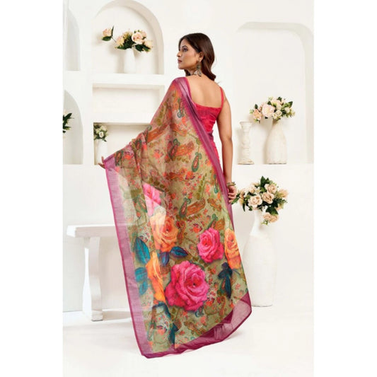 Generic Women's Linen Cotton Printed Ready To Wear Saree With Unstitched Blouse 5.5 Mtr (Pink)