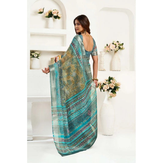 Generic Women's Linen Cotton Printed Ready To Wear Saree With Unstitched Blouse 5.5 Mtr (Light_Green)
