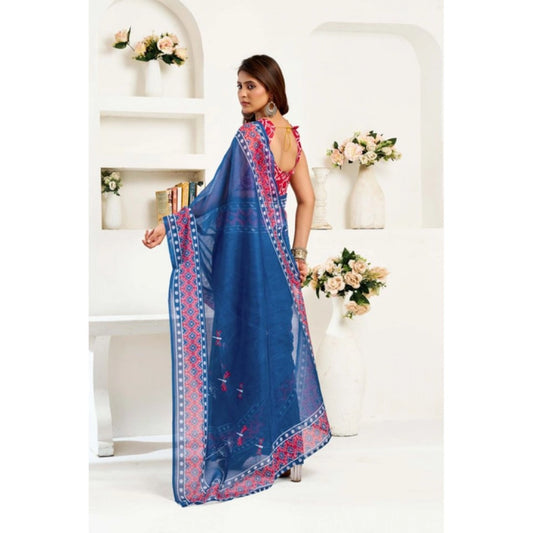 Generic Women's Linen Cotton Printed Ready To Wear Saree With Unstitched Blouse 5.5 Mtr (Blue)