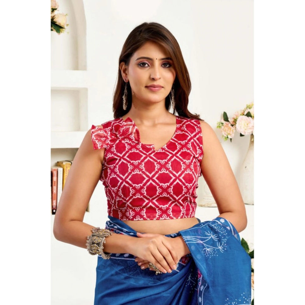 Generic Women's Linen Cotton Printed Ready To Wear Saree With Unstitched Blouse 5.5 Mtr (Blue)