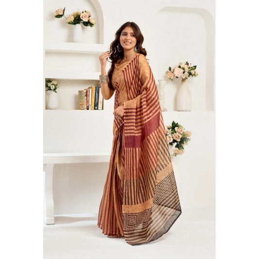 Generic Women's Linen Cotton Printed Ready To Wear Saree With Unstitched Blouse 5.5 Mtr (Brown)