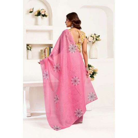 Generic Women's Linen Cotton Printed Ready To Wear Saree With Unstitched Blouse 5.5 Mtr (Pink)