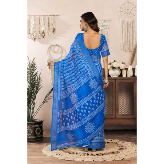 Generic Women's Linen Cotton Printed Ready To Wear Saree With Unstitched Blouse 5.5 Mtr (Blue)