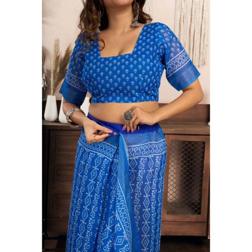 Generic Women's Linen Cotton Printed Ready To Wear Saree With Unstitched Blouse 5.5 Mtr (Blue)