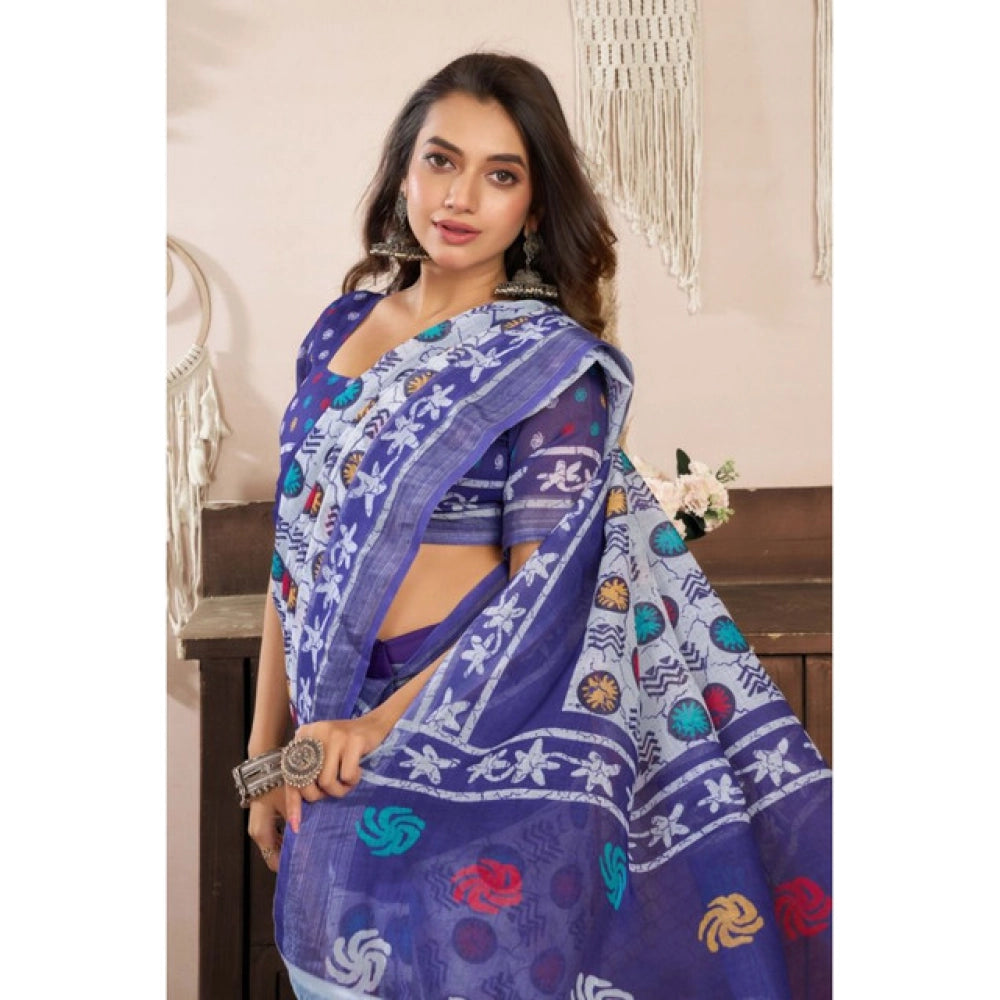 Generic Women's Linen Cotton Printed Ready To Wear Saree With Unstitched Blouse 5.5 Mtr (Blue)