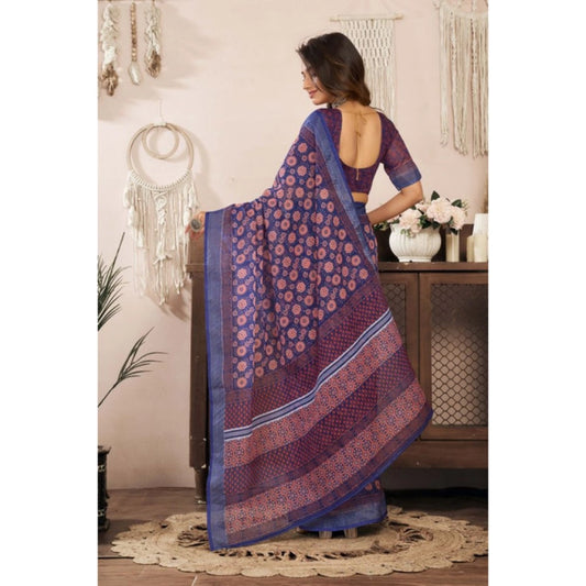 Generic Women's Linen Cotton Printed Ready To Wear Saree With Unstitched Blouse 5.5 Mtr (Dark_Navy_Blue)