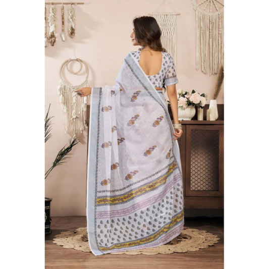 Generic Women's Linen Cotton Printed Ready To Wear Saree With Unstitched Blouse 5.5 Mtr (Off_White)