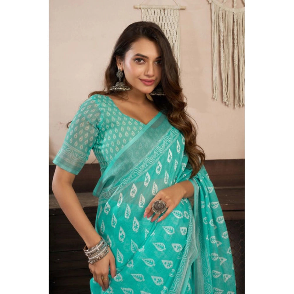 Generic Women's Linen Cotton Printed Ready To Wear Saree With Unstitched Blouse 5.5 Mtr (Sea_Green)