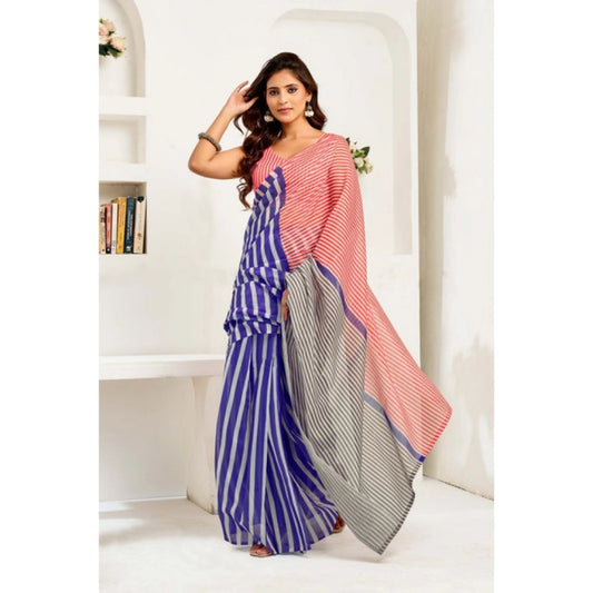 Generic Women's Linen Cotton Printed Ready To Wear Saree With Unstitched Blouse 5.5 Mtr (Blue)