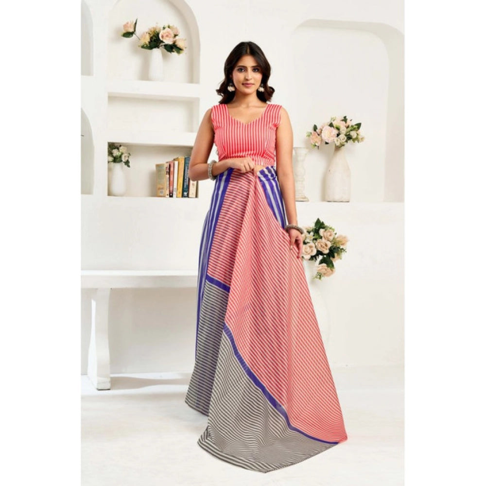 Generic Women's Linen Cotton Printed Ready To Wear Saree With Unstitched Blouse 5.5 Mtr (Blue)