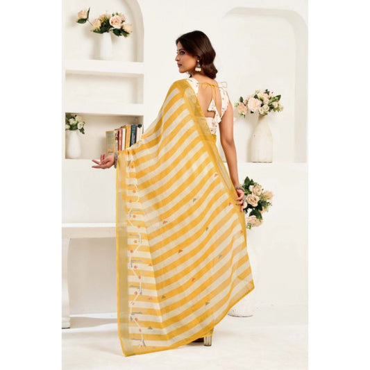 Generic Women's Linen Cotton Printed Ready To Wear Saree With Unstitched Blouse 5.5 Mtr (Light_Mustard)