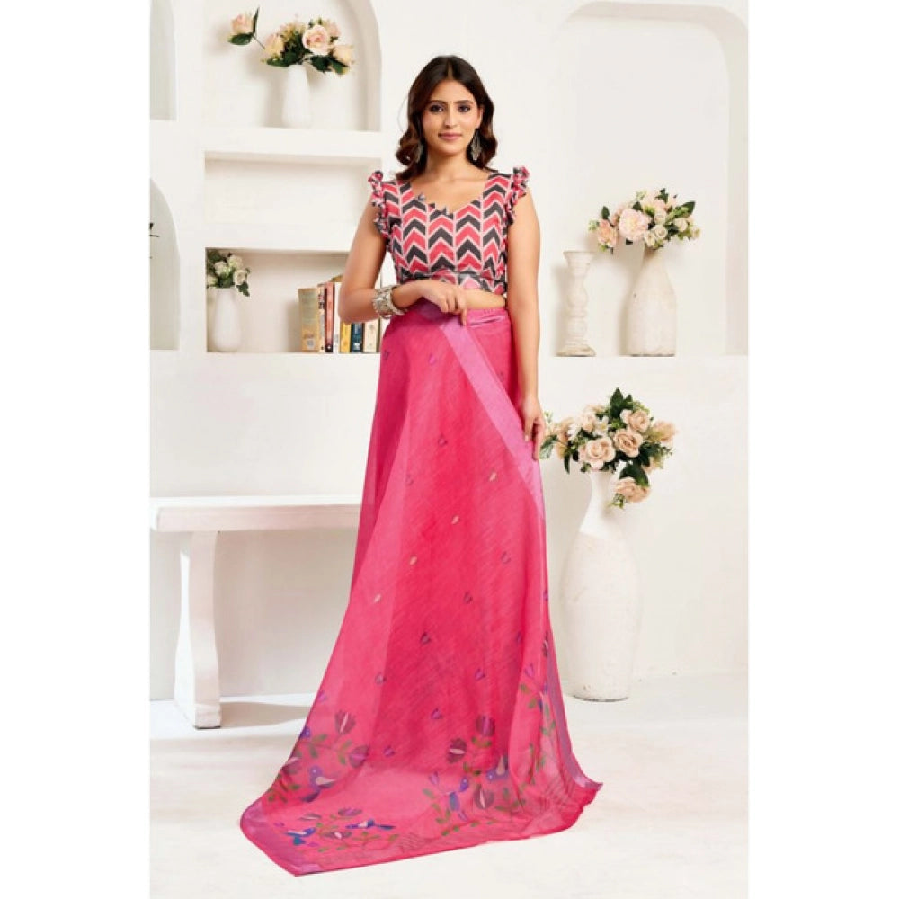 Generic Women's Linen Cotton Printed Ready To Wear Saree With Unstitched Blouse 5.5 Mtr (Pink)
