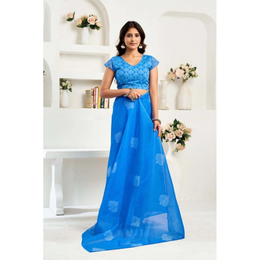Generic Women's Linen Cotton Printed Ready To Wear Saree With Unstitched Blouse 5.5 Mtr (Royal_Blue)