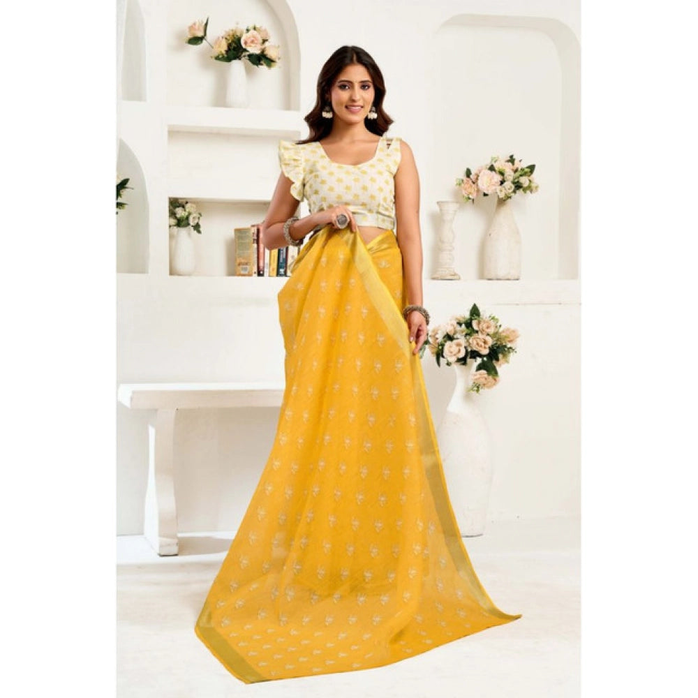 Generic Women's Linen Cotton Printed Ready To Wear Saree With Unstitched Blouse 5.5 Mtr (Yellow)