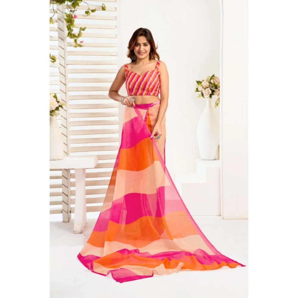 Generic Women's Linen Cotton Printed Ready To Wear Saree With Unstitched Blouse 5.5 Mtr (Multicolor)