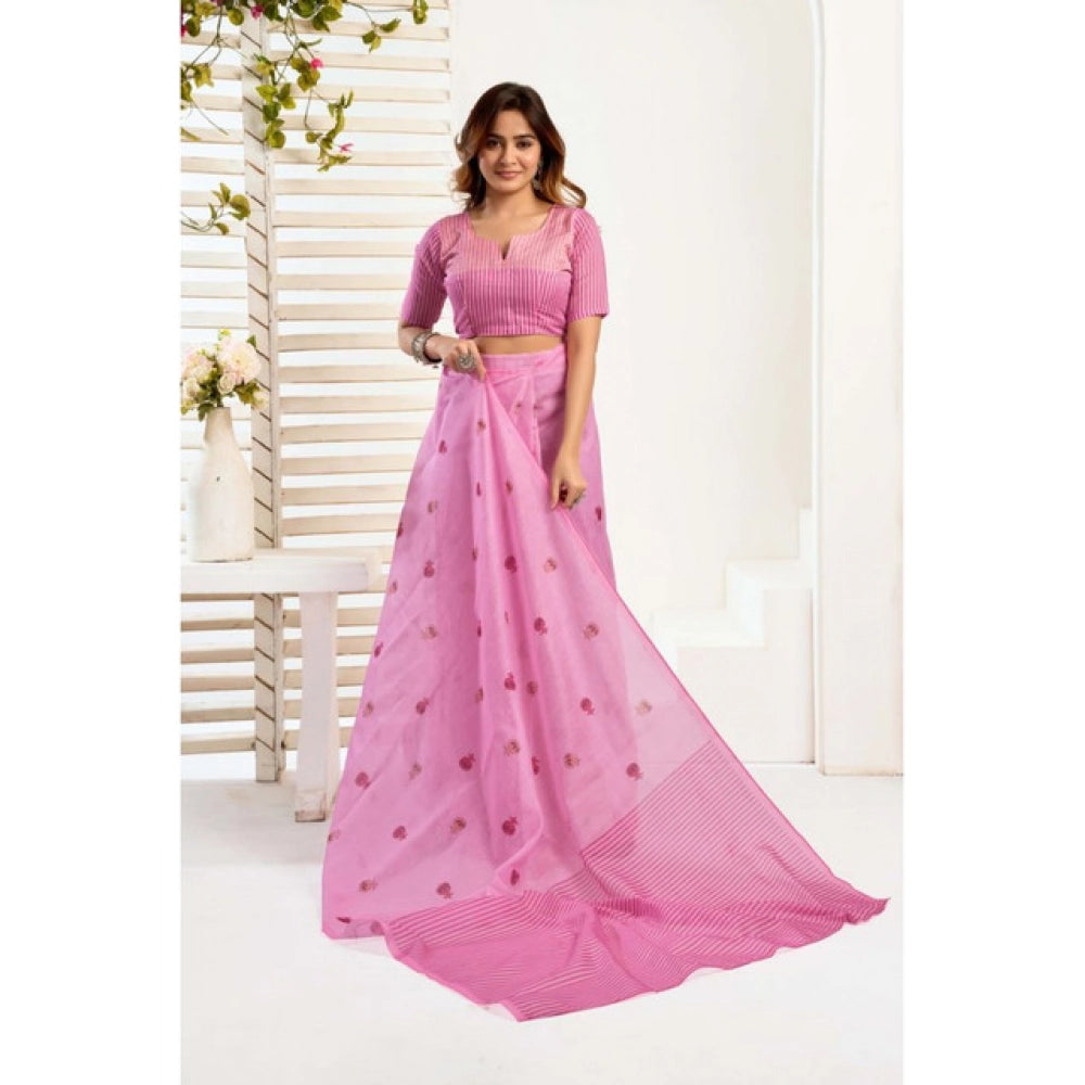 Generic Women's Linen Cotton Printed Ready To Wear Saree With Unstitched Blouse 5.5 Mtr (Light_Pink)