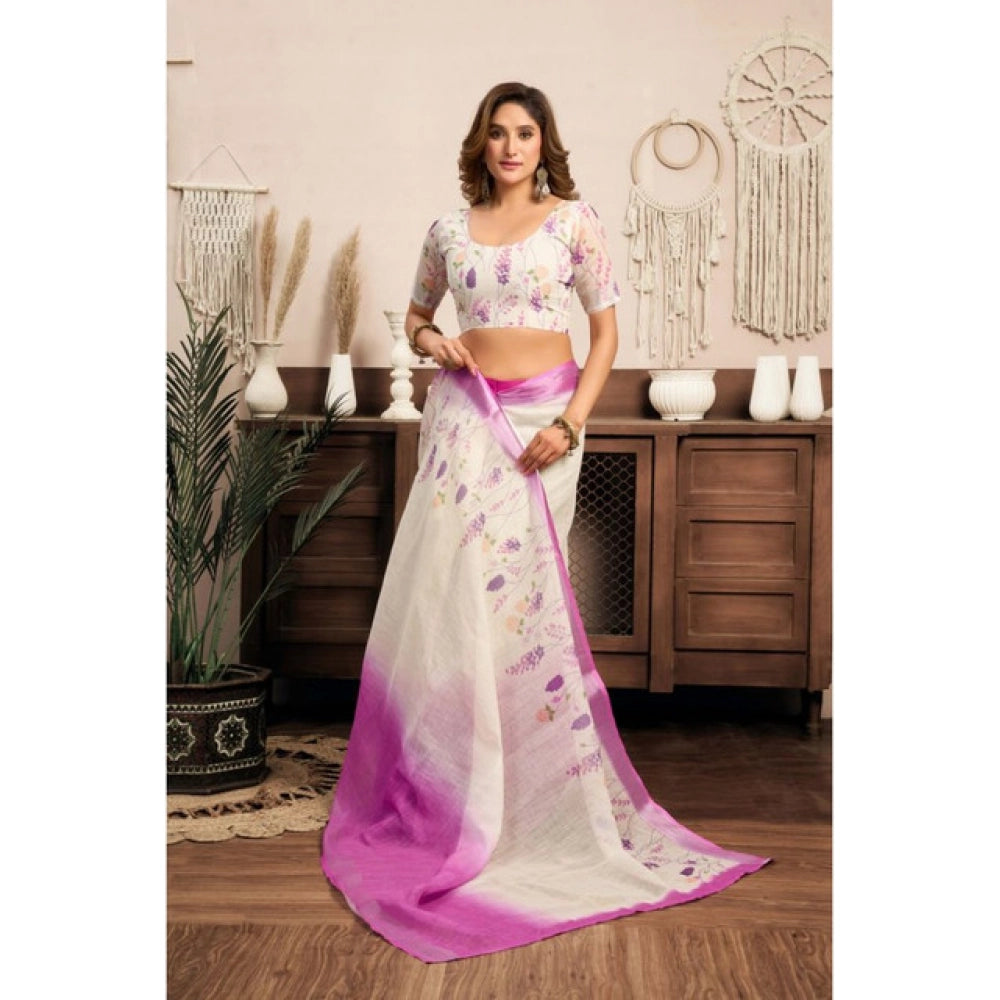 Generic Women's Linen Cotton Printed Ready To Wear Saree With Unstitched Blouse 5.5 Mtr (Off_White)