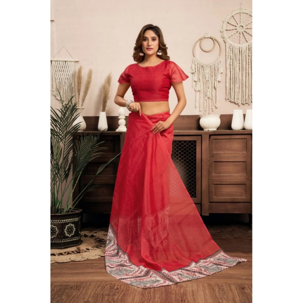Generic Women's Linen Cotton Printed Ready To Wear Saree With Unstitched Blouse 5.5 Mtr (Red)