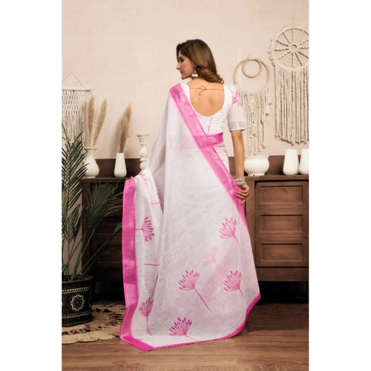 Generic Women's Linen Cotton Printed Ready To Wear Saree With Unstitched Blouse 5.5 Mtr (Light_White)