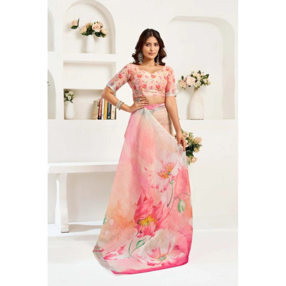 Generic Women's Linen Cotton Printed Ready To Wear Saree With Unstitched Blouse 5.5 Mtr (Light_Peach)