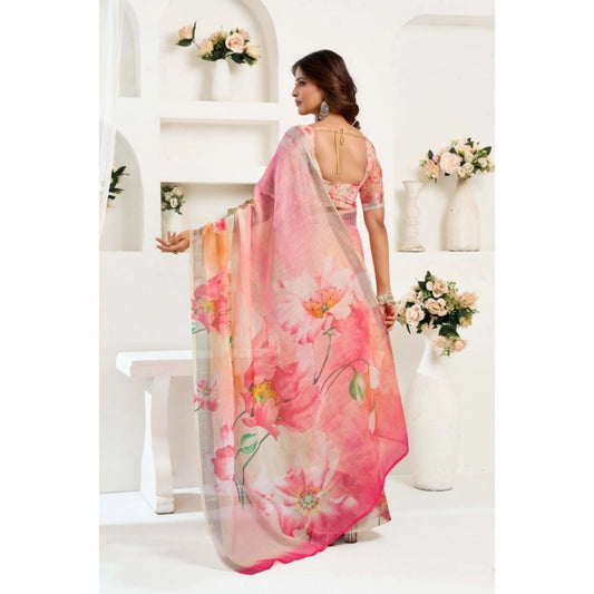 Generic Women's Linen Cotton Printed Ready To Wear Saree With Unstitched Blouse 5.5 Mtr (Light_Peach)
