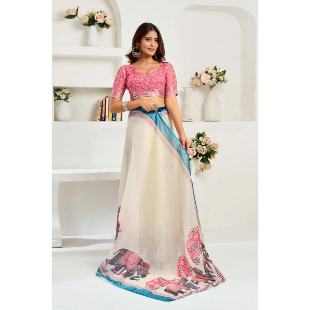 Generic Women's Linen Cotton Printed Ready To Wear Saree With Unstitched Blouse 5.5 Mtr (Cream)