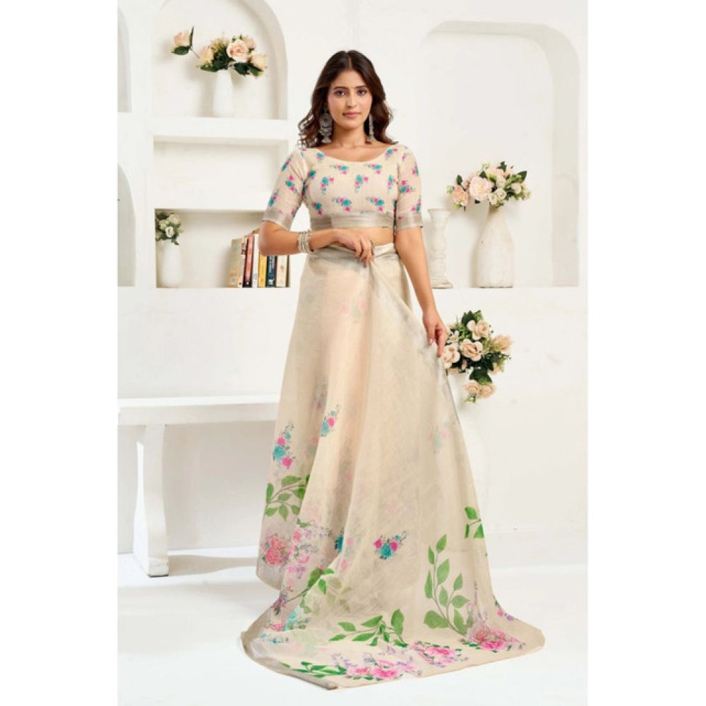Generic Women's Linen Cotton Printed Ready To Wear Saree With Unstitched Blouse 5.5 Mtr (Light_Beige)