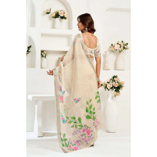 Generic Women's Linen Cotton Printed Ready To Wear Saree With Unstitched Blouse 5.5 Mtr (Light_Beige)