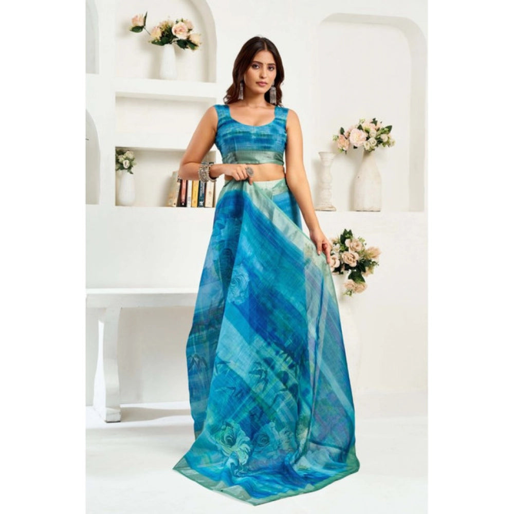 Generic Women's Linen Cotton Printed Ready To Wear Saree With Unstitched Blouse 5.5 Mtr (Blue)