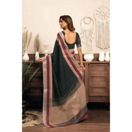 Generic Women's Linen Cotton Plain Ready To Wear With Pocket Saree With Unstitched Blouse 5.5 Mtr (Black)