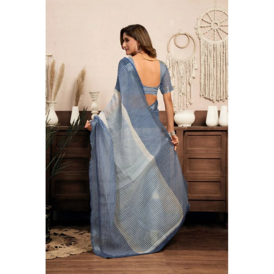Generic Women's Linen Cotton Printed Ready To Wear With Pocket Saree With Unstitched Blouse 5.5 Mtr (Light_Blue)
