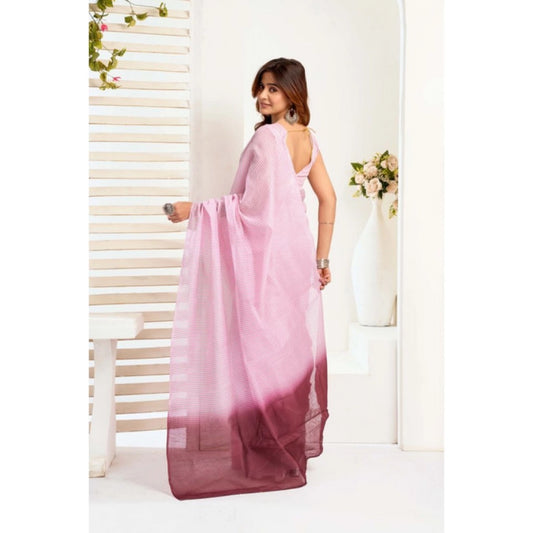 Generic Women's Linen Cotton Printed Ready To Wear With Pocket Saree With Unstitched Blouse 5.5 Mtr (Light_Pink)