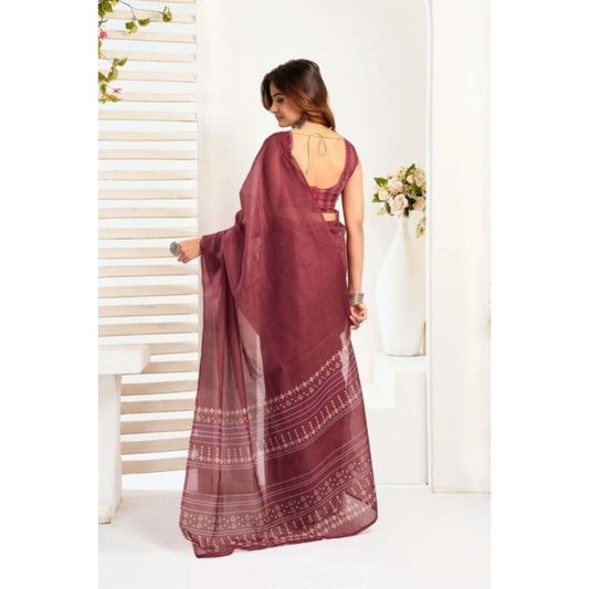 Generic Women's Linen Cotton Printed Ready To Wear With Pocket Saree With Unstitched Blouse 5.5 Mtr (Maroon)