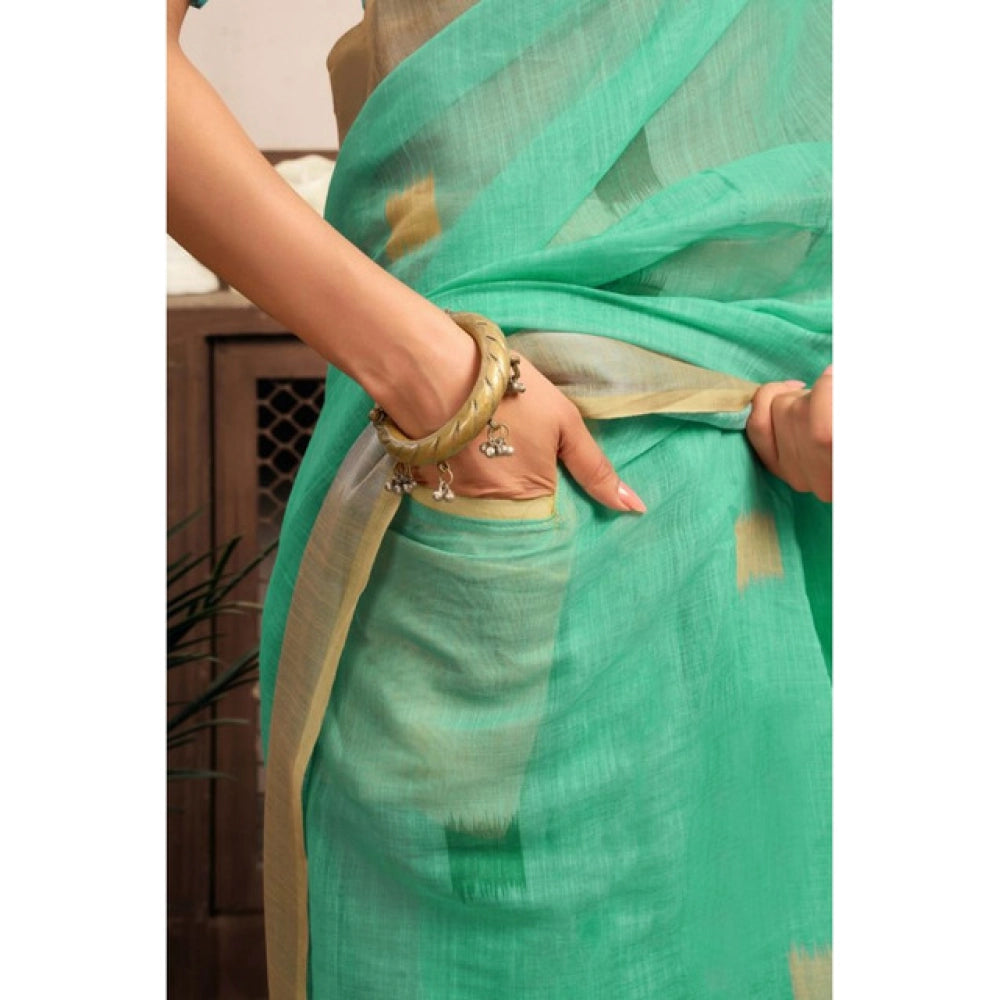 Generic Women's Linen Cotton Printed Ready To Wear With Pocket Saree With Unstitched Blouse 5.5 Mtr (Light_Green)