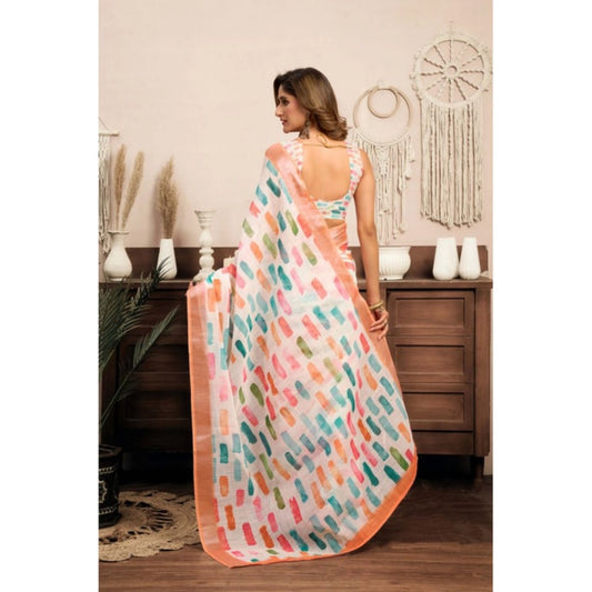 Generic Women's Linen Cotton Printed Ready To Wear With Pocket Saree With Unstitched Blouse 5.5 Mtr (Multicolor)