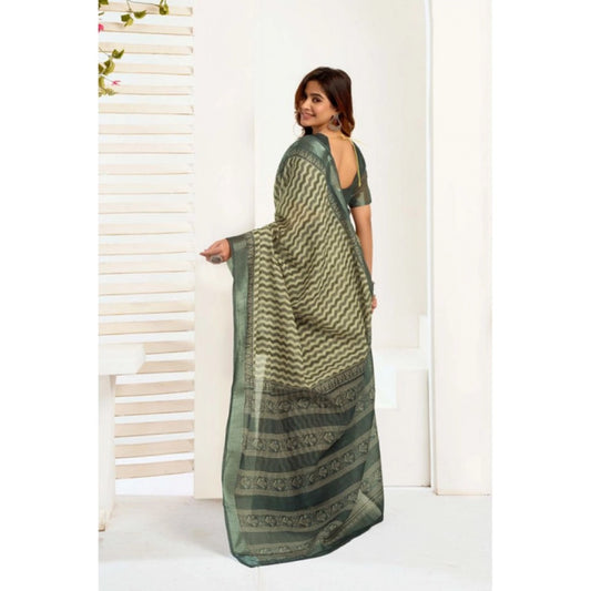 Generic Women's Linen Cotton Printed Ready To Wear With Pocket Saree With Unstitched Blouse 5.5 Mtr (Olive)