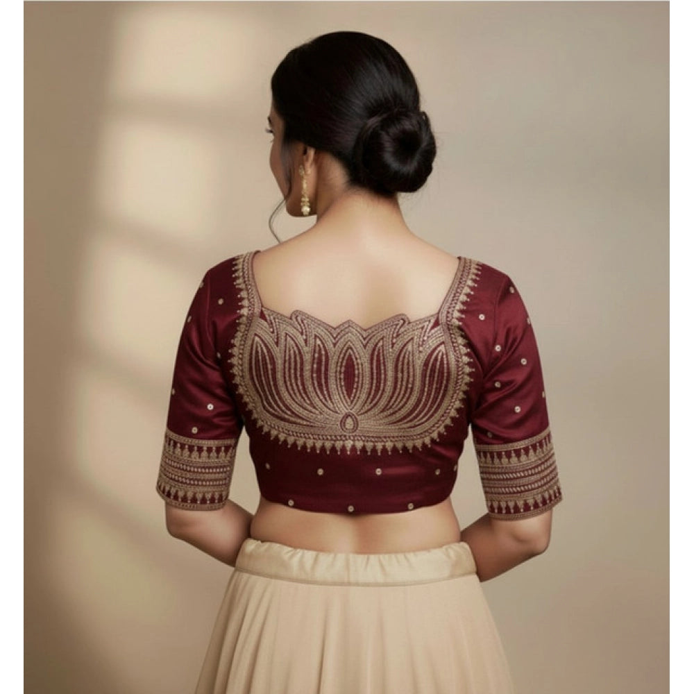 Generic Women's Vichitra Silk V Neck Padded Blouse (Maroon, 38 Ready Size (Self-Alterable 36–40)