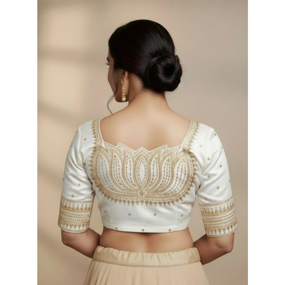 Generic Women's Vichitra Silk V Neck Padded Blouse (White, 38 Ready Size (Self-Alterable 36–40)