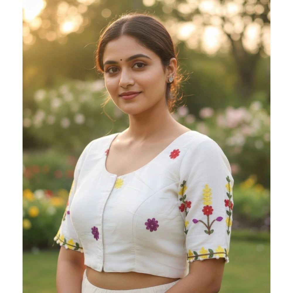 Generic Women's Cambric Cotton Round Neck Padded Blouse (White, 38 Ready Size (Self-Alterable 36–40)