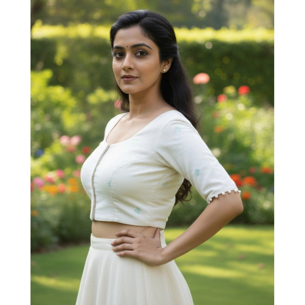 Generic Women's Cambric Cotton Round Neck Padded Blouse (White, 38 Ready Size (Self-Alterable 36–40)