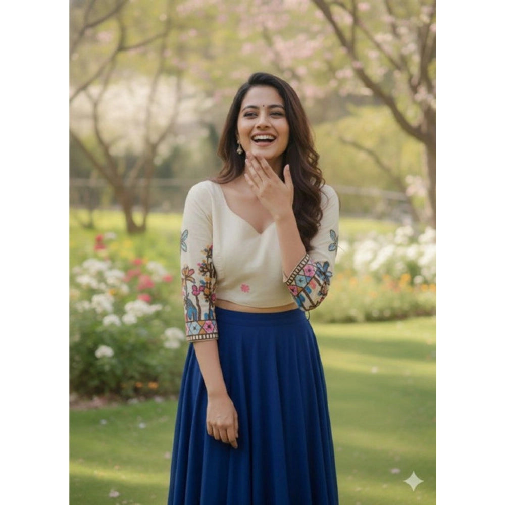 Generic Women's Cambric Cotton Round Neck Padded Blouse (White, 38 Ready Size (Self-Alterable 36–40)