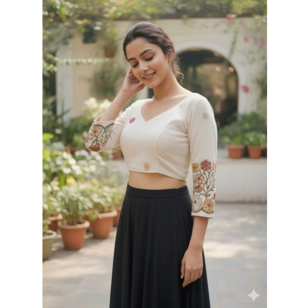 Generic Women's Cambric Cotton Round Neck Padded Blouse (White, 38 Ready Size (Self-Alterable 36–40)